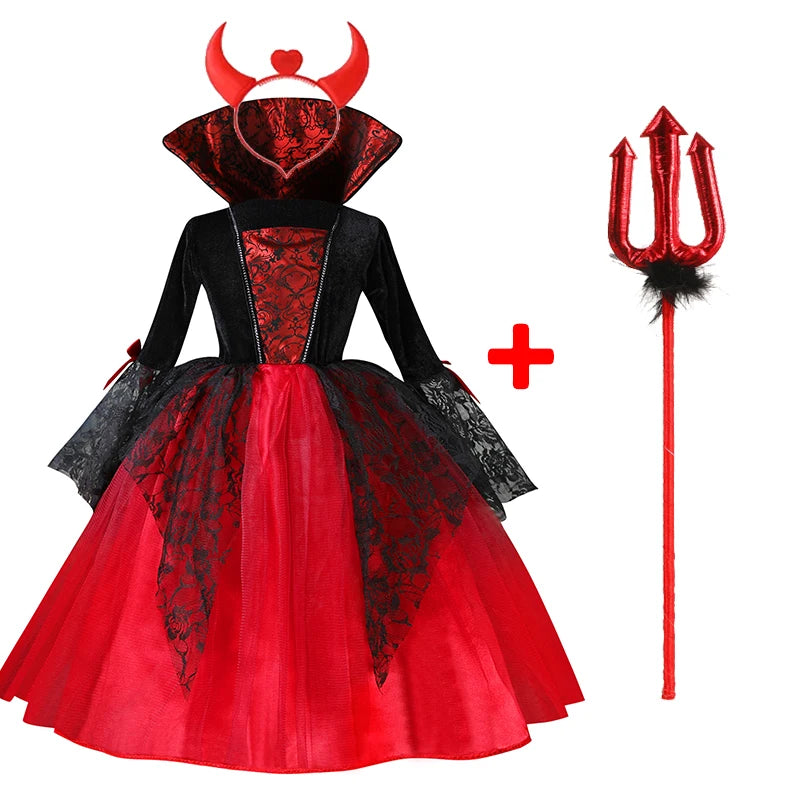 "2024 Girls' Vampire Cosplay Dress – Gothic Ghost Bride Costume for Kids in Black and Red for Halloween and Carnival"