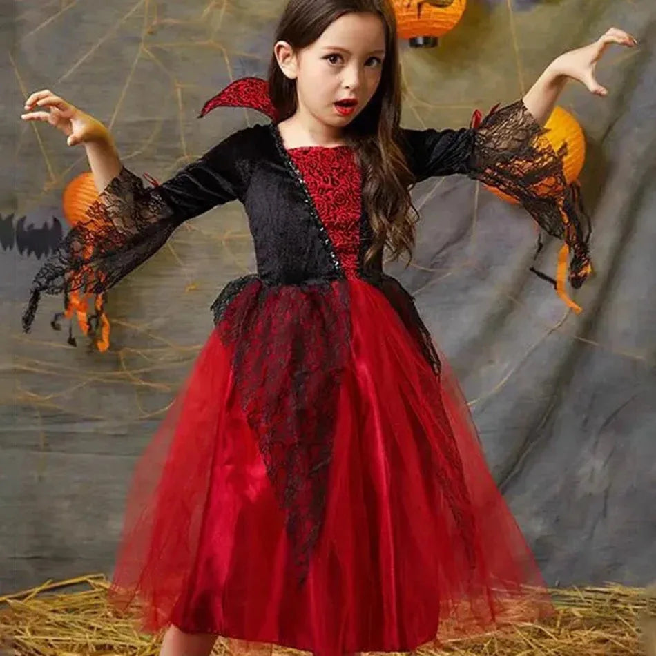 "2024 Girls' Vampire Cosplay Dress – Gothic Ghost Bride Costume for Kids in Black and Red for Halloween and Carnival"