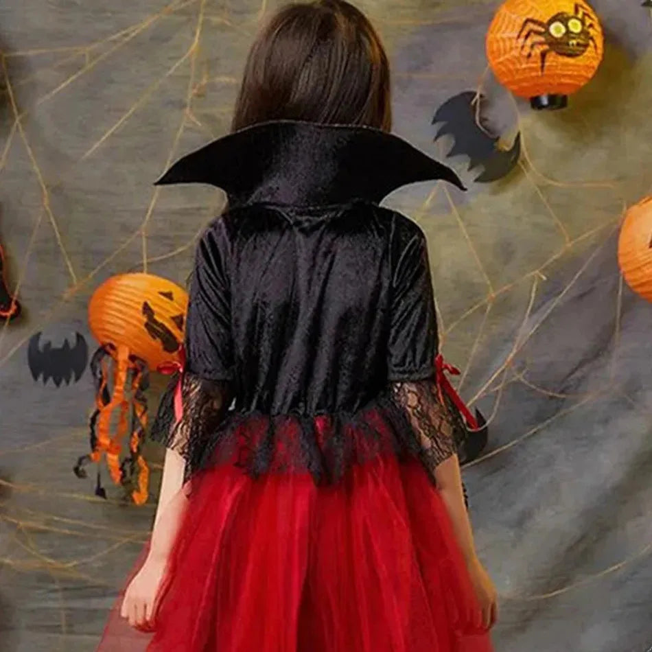 "2024 Girls' Vampire Cosplay Dress – Gothic Ghost Bride Costume for Kids in Black and Red for Halloween and Carnival"