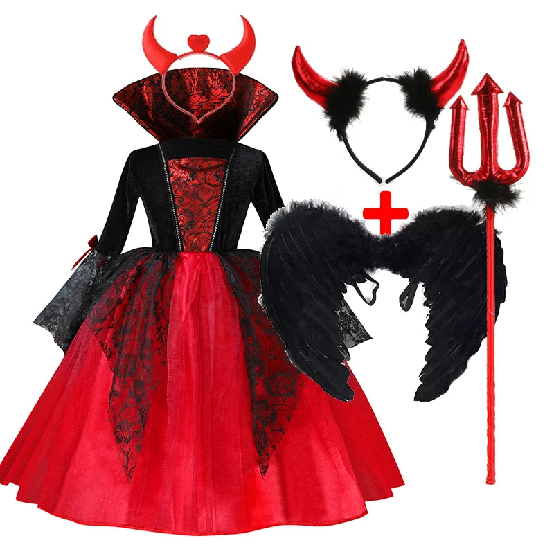 "2024 Girls' Vampire Cosplay Dress – Gothic Ghost Bride Costume for Kids in Black and Red for Halloween and Carnival"