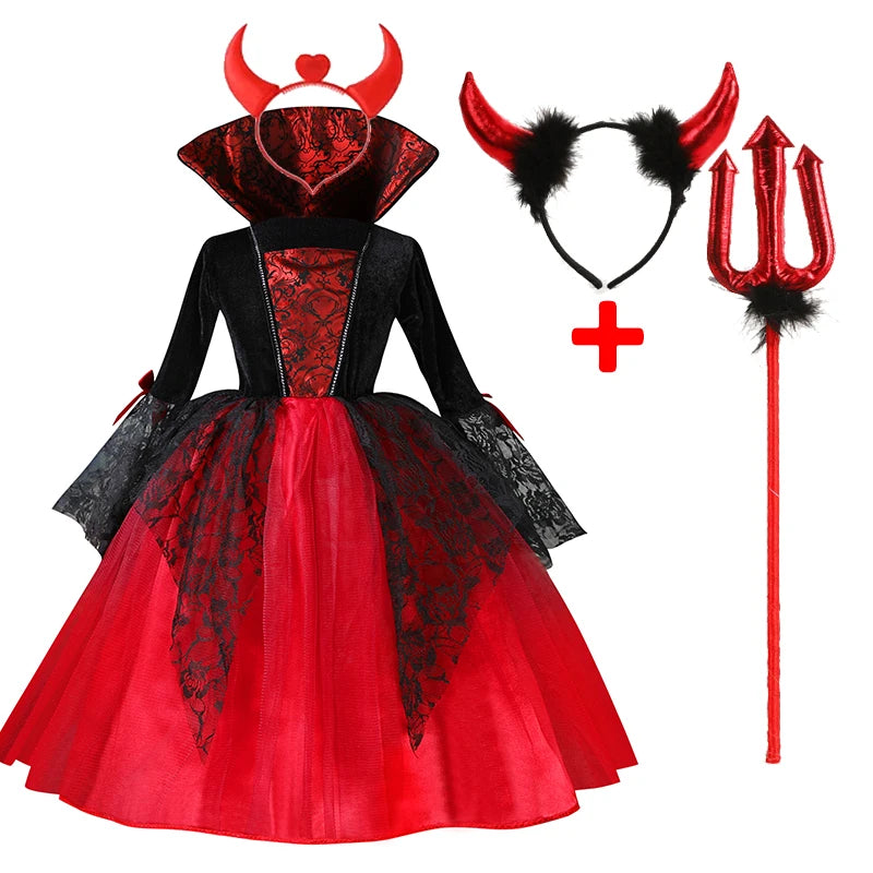 "2024 Girls' Vampire Cosplay Dress – Gothic Ghost Bride Costume for Kids in Black and Red for Halloween and Carnival"