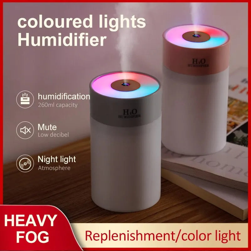 "Versatile Luminous Humidifier: Compact USB Desktop & Car Air Moisturizer with Night Light Feature (260ml)"