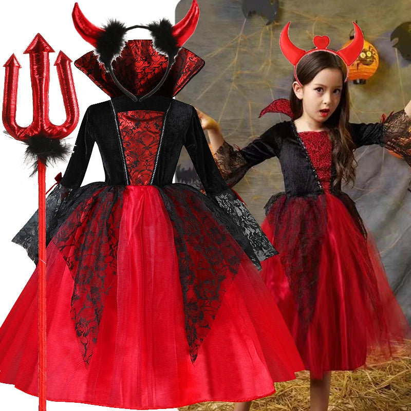 "2024 Girls' Vampire Cosplay Dress – Gothic Ghost Bride Costume for Kids in Black and Red for Halloween and Carnival"