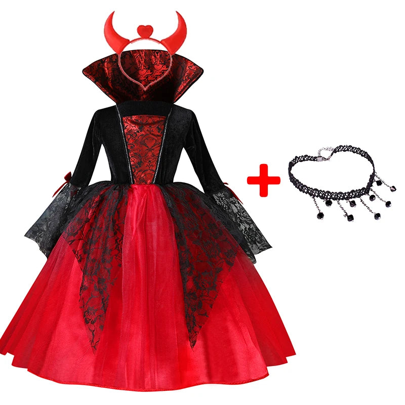 "2024 Girls' Vampire Cosplay Dress – Gothic Ghost Bride Costume for Kids in Black and Red for Halloween and Carnival"